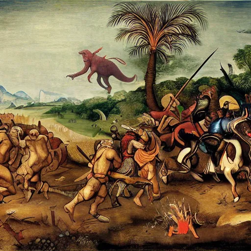 Prompt: adventurers battling a tyrannosaurus, in the style of pieter bruegel