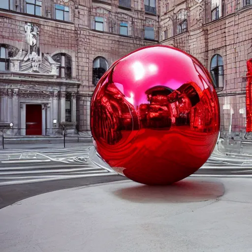 Prompt: chrome spheres on a red cube by jeff koons