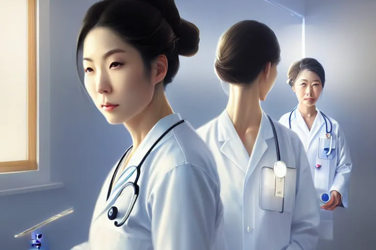 Image similar to a elegant and beautiful japanese female doctor in a white coat in a clinic, cinematic, highly detailed, digital painting, artstation, concept art, matte, sharp focus, illustration, art by artgerm and greg rutkowski