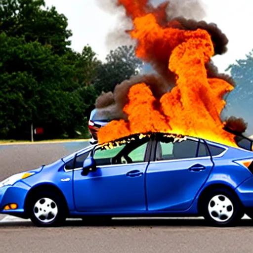 Image similar to ralph nader drives a prius that is on fire