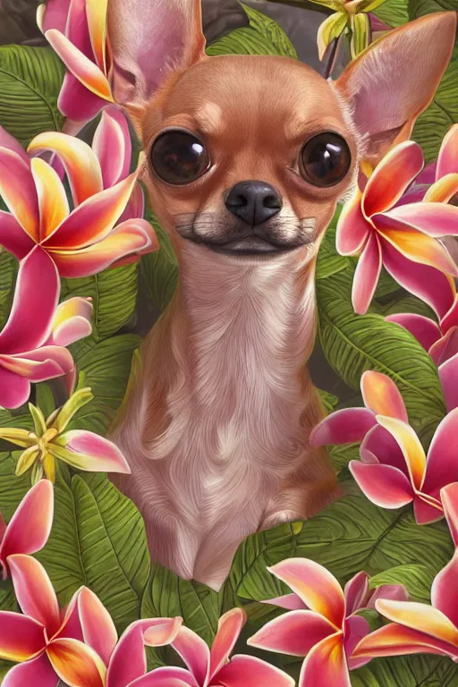 Image similar to ultra realistic illustration, portrait of a tan chihuahua plumeria tropical bouquet background, close up shot, fantasy, intricate, elegant, highly detailed, digital painting, artstation, concept art, smooth, sharp focus, illustration, surrealism