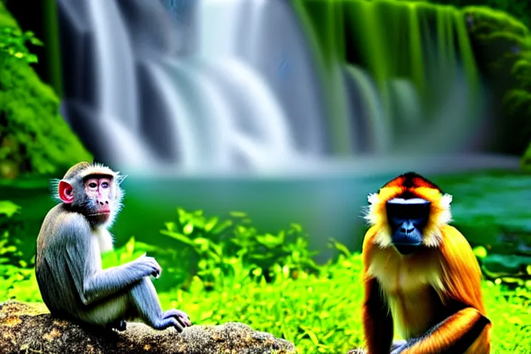 Prompt: two animals : a honey budger and a monkey, sitting in a meadow with a waterfall in the background, many details, high quality, 8 k