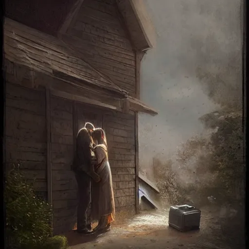 Image similar to a guy is leaving is home with luggage and sad angry mood, his wife is kissing another man under the porch of the house, highly detailed,, artstation hd, deviantart, by madgwick,, greg rutkowski, artgerm