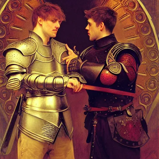 Image similar to attractive arthur pendragon and his attractive male knight, they are in love, natural lighting, path traced, highly detailed, high quality, digital painting, by gaston bussiere, craig mullins, alphonse mucha j. c. leyendecker