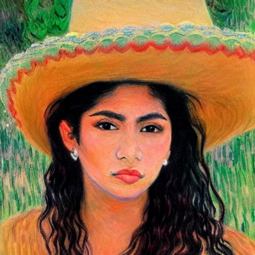 Image similar to beautiful tan mexican woman, landscape, prominent rosy cheek bones, black hair and brown eyes, monet and da vinchi art style,