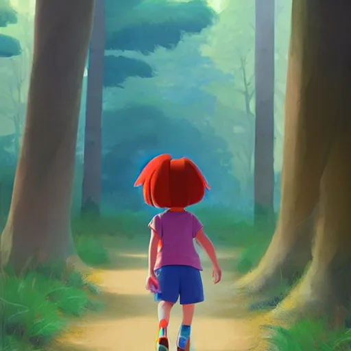 Prompt: goro fujita ilustration dora the explorer with blue clothes, walking through the forest, painting by goro fujita, sharp focus, highly detailed, artstation