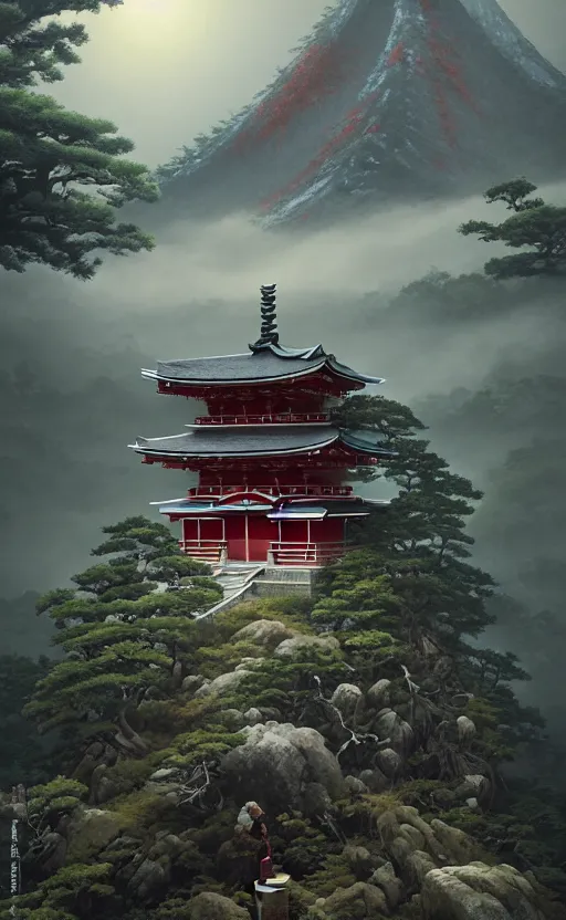 Image similar to japanese style shrine on top of a misty mountain overgrown, hyper realistic, lush gnarly plants, 8 k, denoised, by greg rutkowski, tom bagshaw, james gurney cinematic lighting