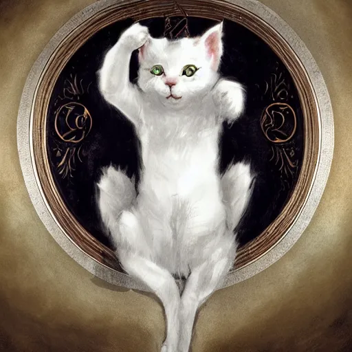Prompt: A cute heraldic white kitty cat queen posing with one paw raised in the air, D&D, fantasy, intricate, cinematic lighting, highly detailed, digital painting, artstation, concept art, smooth, sharp focus, illustration, art by Akihiko Yoshida, Greg Rutkowski and Alphonse Mucha