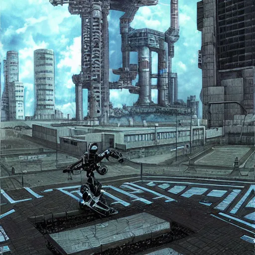 Prompt: “The plaza around the base of the industrial tower was being patrolled by ED-209. The tower was made of solid black metal and stone. Anime background artwork in the style of Akira. 2077 photo mode by Marc Simonetti, artwork by Ted Nasmith, Ted Nasmith and Marc Simonetti, 8K, D&D concept art, 2077 wallpaper”