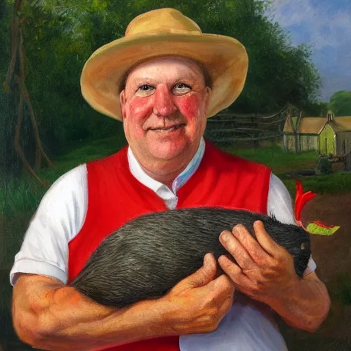 Image similar to a proud englishman farmer showing off his prized red ribbon hog at the county fair, oil painting