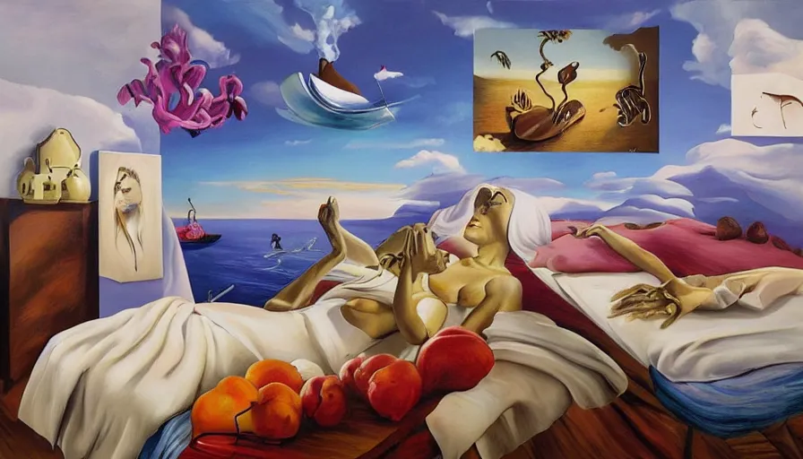 Image similar to RHADS, fever dream, Salvador Dali, fruit party, mural