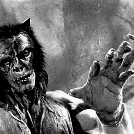 Image similar to film still of a werewolf extending his out hand in the wolf man 1 9 4 1