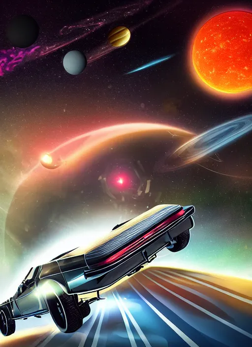 Prompt: 1 9 2 2 delorean cruising by a planet in space, vibrant, futuristic, illuminated, 4 k, concept art, digital art