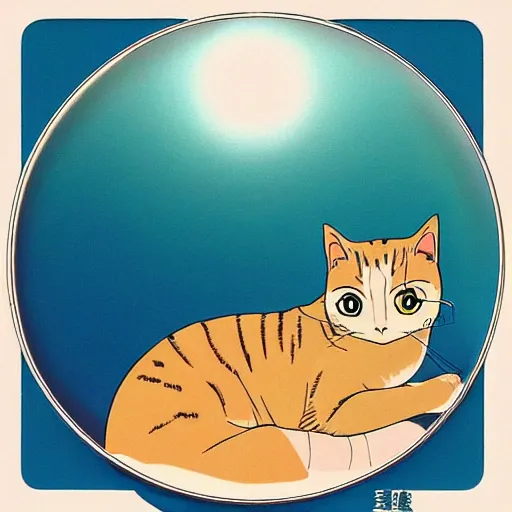 Image similar to a cat stares out of a circular bubble window, 1 9 9 0 s anime, animation cel, kawaii, soft glow, studio ghibli, grainy