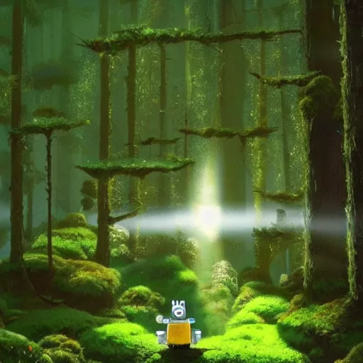 Image similar to a robot covered in moss lying in a forest, shafts of light god rays, hayao miyazaki studio ghibli