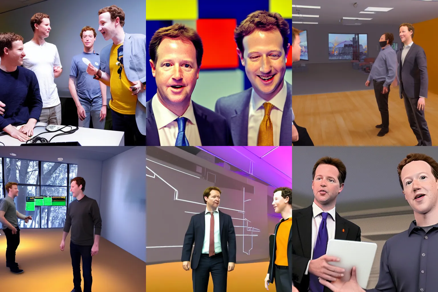 Prompt: nick clegg exploring the metaverse with mark zuckerberg, unreal engine, vfx, shaders, ray tracing, 3 d, vaporwave