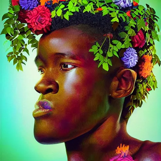 Image similar to colourful vfx art - portrait of nigerian boy wrapped in flowers & vines, art by frank frazetta & tadanori yokoo, volumetric light, ray tracing, unreal engine, octane render, sharp, detailed, digital painting, illustration, highly detailed, intricate detail, pinterest, behance, art station,