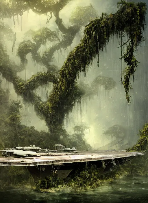 Image similar to decayed aircraft carrier USS Nimitz laying on the ground overgrown with vegetation and hanging vines, post appocalyptic, tropical forest, by Luis Royo, by Greg Rutkowski, dark, gritty, intricate, cover illustration, concept art, volumetric lighting, volumetric atmosphere, sharp focus, octane render, trending on artstation, 8k