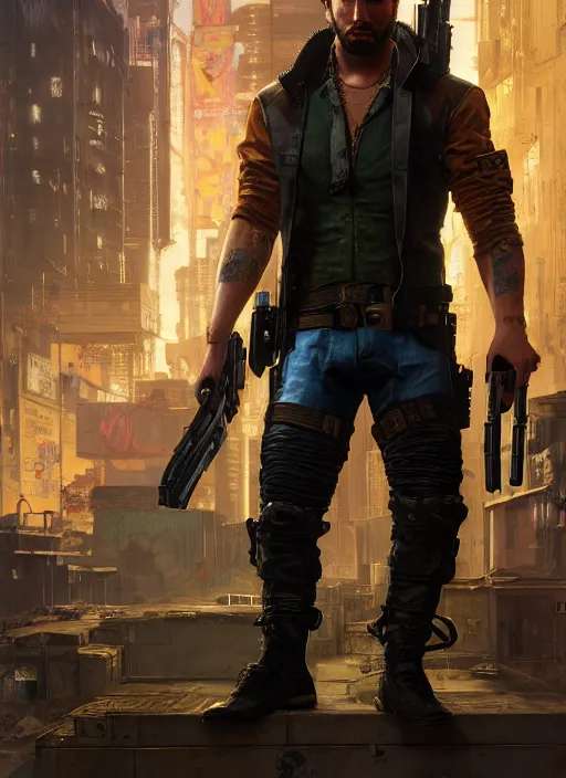 Image similar to arthur morgan. cyberpunk mercenary with tattoos wearing a military vest and combat jumpsuit. (Cyberpunk 2077, bladerunner 2049). Iranian orientalist portrait by john william waterhouse and Edwin Longsden Long and Theodore Ralli and Nasreddine Dinet, oil on canvas. Cinematic, hyper realism, realistic proportions, dramatic lighting, high detail 4k