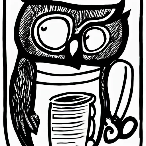 Image similar to black and white comic of a line drawn humanoid owl holding a mug