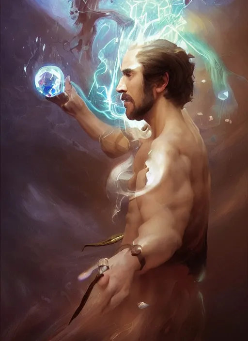 Image similar to character concept portrait of an attractive young Spanish wizard with white skin conjuring a flood spell, a floating iridescent spell book in the center, intricate, elegant, digital painting, concept art, smooth, sharp focus, illustration, from Metal Gear, by Ruan Jia and Mandy Jurgens and William-Adolphe Bouguereau, Artgerm