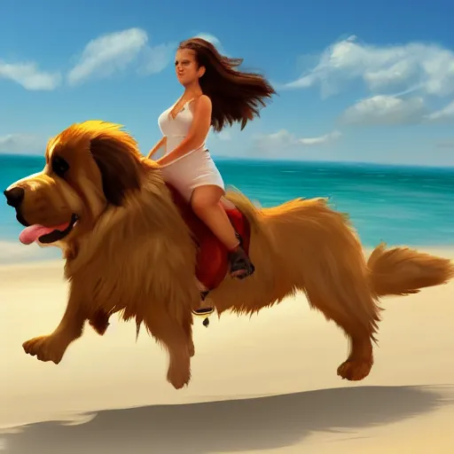 Image similar to girl riding a giant saint Bernard at the beach playing fetch, trending on artstation