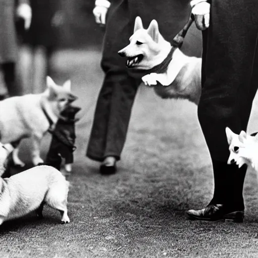 Image similar to historical photo of queen elizabeth and her corgis defeating the nazis, natural sunlight, sharp focus, highly detailed