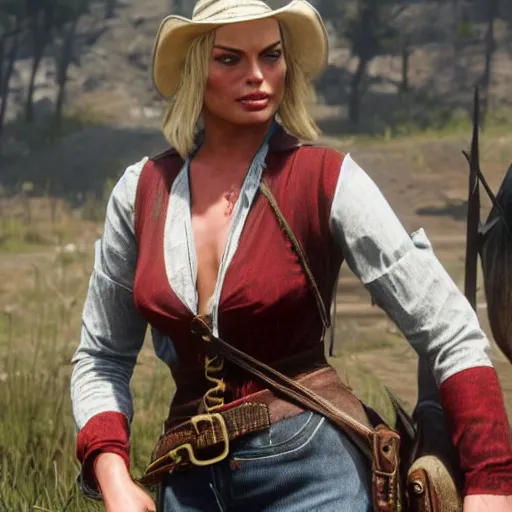 Image similar to margot robbie in red dead redemption 2, highly detailed