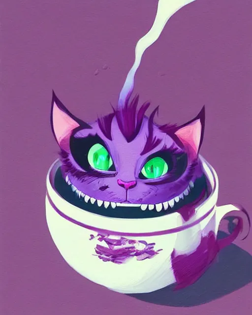 Image similar to cheshire cat drinking tea, by james gilleard, character art, art, very coherent, plain background, lighthearted, soft painting