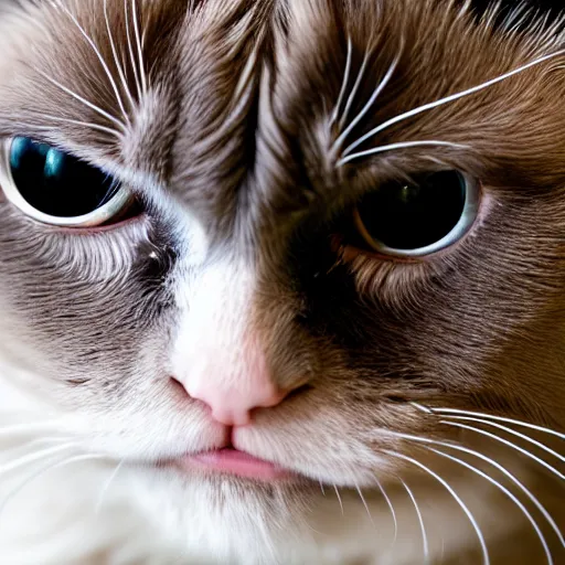 Image similar to a grumpy cat, professional photography, anamorphic lens, bokeh, close up