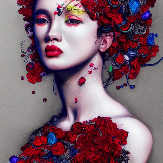 Image similar to studio portrait absurdly beautiful, elegant, lovely, young hypercolorful sensual black model rubies red petals gems, ultrafine hyperrealistic detailed face illustration by kim jung gi, irakli nadar, intricate linework, sharp focus, bright colors, matte, octopath traveler, final fantasy, unreal engine highly rendered, global illumination, radiant light, intricate rainbow environment