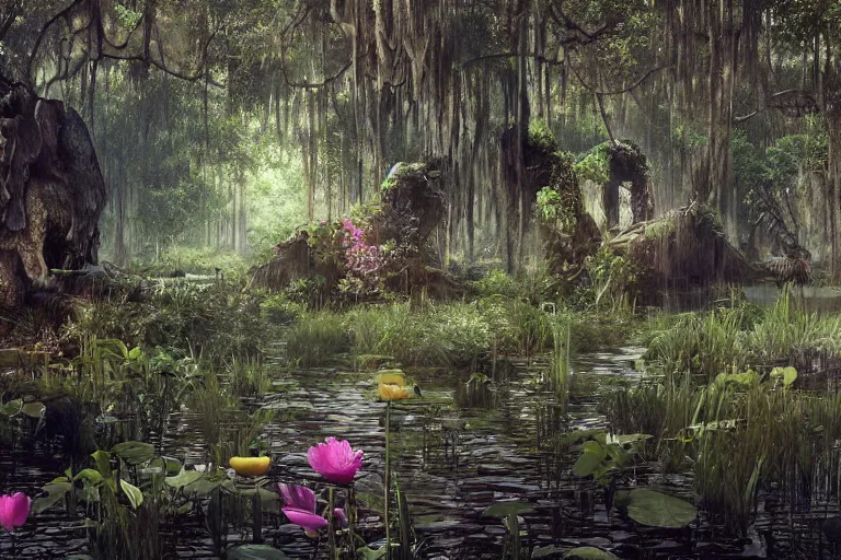 Image similar to hyperrealism, scene from louisiana swamps, starship, spring blooming flowers garden, true detective, 8 0 s japanese sci - fi books art