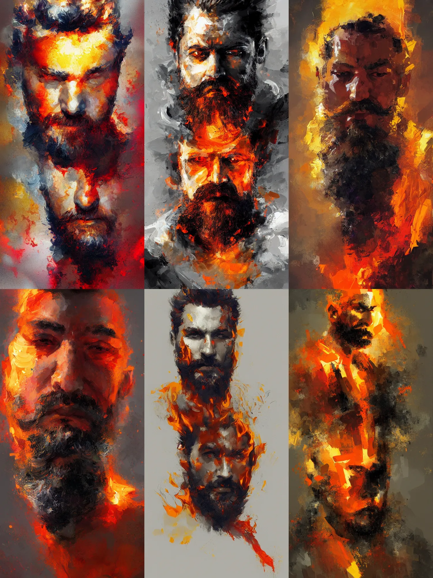 Prompt: abstract painting of man on fire, handsome. Bearded. by craig mullins, featured on artstation. Portrait.