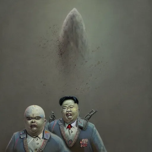 Image similar to Portrait of Kim Jong-un as Tweedledum and Tweedledee, dark fantasy, intricate, smooth, artstation, painted by Wayne Barlowe, Greg Rutkowski, Zdislav Beksinski