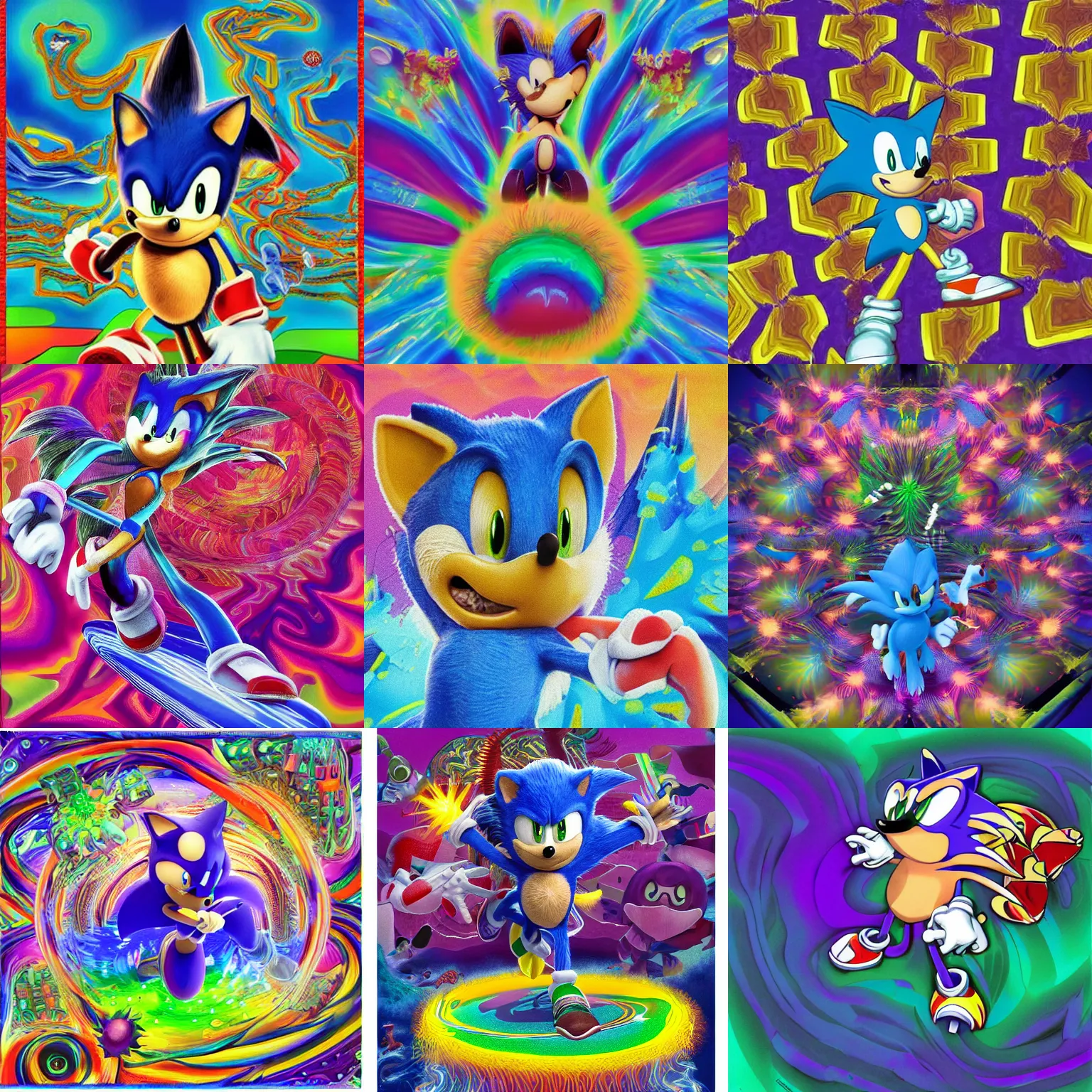 Prompt: sonic hedgehog in the shape of a surreal hopalong fractal, detailed professional, high quality portrait sonic airbrush art tame impala album cover portrait of a liquid dissolving LSD DMT sonic the hedgehog surfing through cyberspace, purple checkerboard background, 1990s 1992 Sega Genesis video game album cover