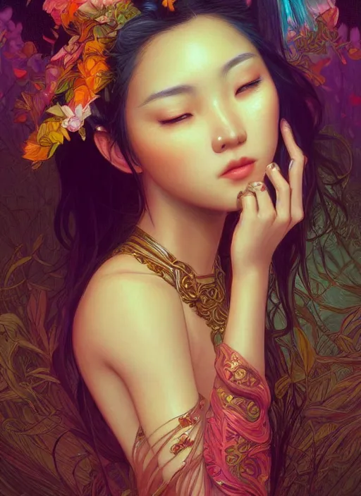 Image similar to beautiful young Asian woman, gorgeous face, sad eyes, tears, vaporwave aesthetic, synthwave, , colorful, intricate, elegant, highly detailed, digital painting, artstation, concept art, smooth, sharp focus, illustration, art by artgerm and greg rutkowski and alphonse mucha