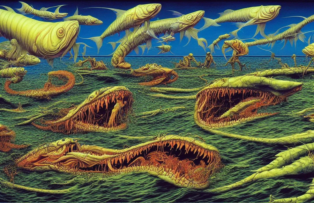 Image similar to a visionary painting of fish eating human beings by junji ito, michael whelan, roger dean, bob eggleton, lisa frank, vladimir kush, kubrick, james gurney, giger