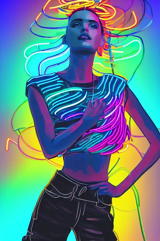 Image similar to a award winning half body portrait of a beautiful woman with stunning eyes in a croptop and cargo pants with rainbow colored ombre hairstyle head in motion and hair flying by thomas danthony, outlined by whirling illuminated neon lines, outrun, vaporware, shaded flat illustration, digital art, trending on artstation, highly detailed, fine detail, intricate