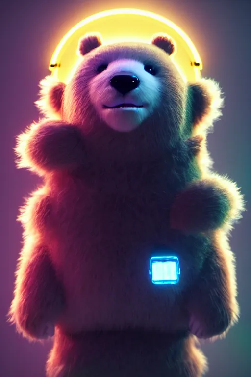 Image similar to high quality 3 d render very cute fluffy cyborg bear! plays electric guitar, cyberpunk highly detailed, unreal engine cinematic smooth, in the style of blade runner & detective pikachu, hannah yata charlie immer, moody light, low angle, uhd 8 k, sharp focus