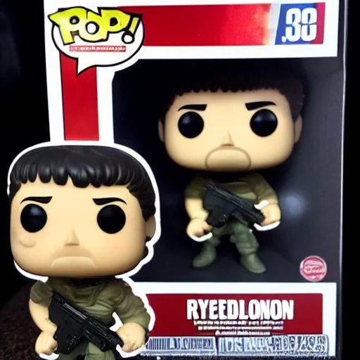 Image similar to a Funko Pop collectible of Sylvester Stallone Rambo. red headband. holding in one hand automatic rifle