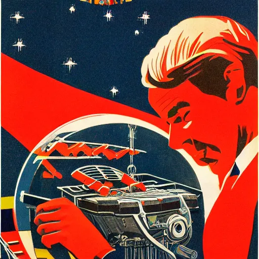 Image similar to ultra - detailed soviet poster showing billy herrington building a spaceship 8 k, hdr