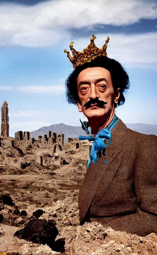 Prompt: salvador dali wearing a great crown with blue jewels in a dry rocky desert landscape, visible sky and sunny atmosphere, giant ultradetailed alien city ruins in the background, film still from the movie by alejandro jodorowsky with cinematogrophy of christopher doyle and art direction by hans giger, anamorphic lens, kodakchrome, very detailed photo, 8 k