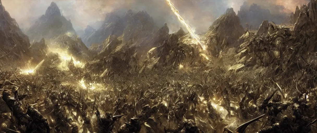 Image similar to The Battle of Helms Deep, elves, orcs, rocky keep, stormy, lightning, fantasy splash art by gaston bussiere, craig mullins