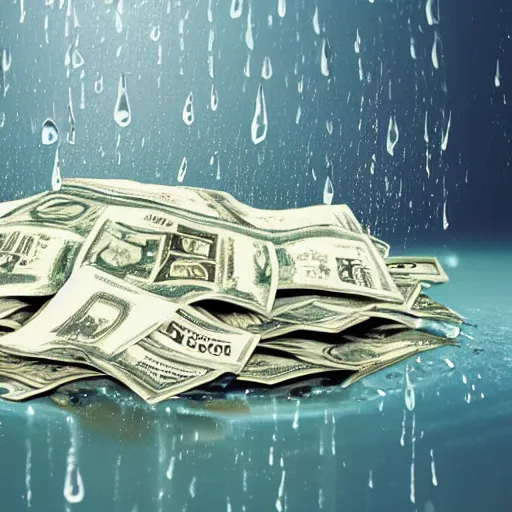 Image similar to a picture of a wet pile of money, in the ocean, there is rain