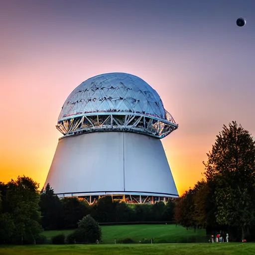 Prompt: Jodrell Bank telescope at sunset