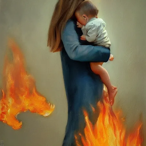 Prompt: beautiful woman cradling her child by stefan kostic, engulfed in flames, elegant, realistic, loving