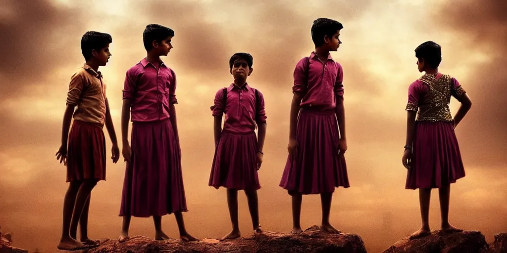 Image similar to kerala school boys wearing girls dresses posing for a photo, an epic fantasy, dramatic lighting, cinematic, establishing shot, extremely high detail, photorealistic, cinematic lighting, artstation, matte painting by christopher nolan, horizon forbidden west