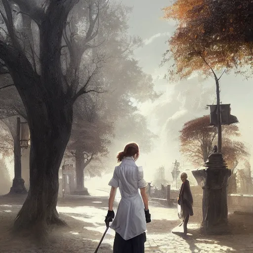 Image similar to a woman wearing a white blouse with short sleeves and hobo gloves, Matte painting , detailed painting, greg rutkowski