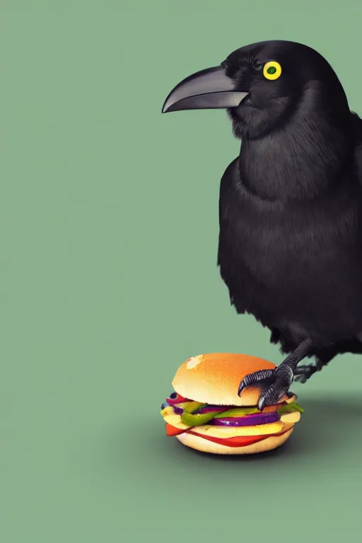 Image similar to a crow holding a cheeseburger, 3D render by beeple , octance render