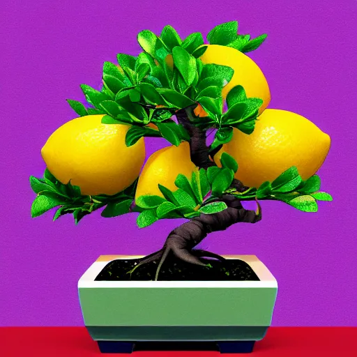 Image similar to bonsai fruit tree with lemons!! but minimalistic concept art by frank stella gilleard james whalen tom, colorful, soft light, trending on artstation, minimalism